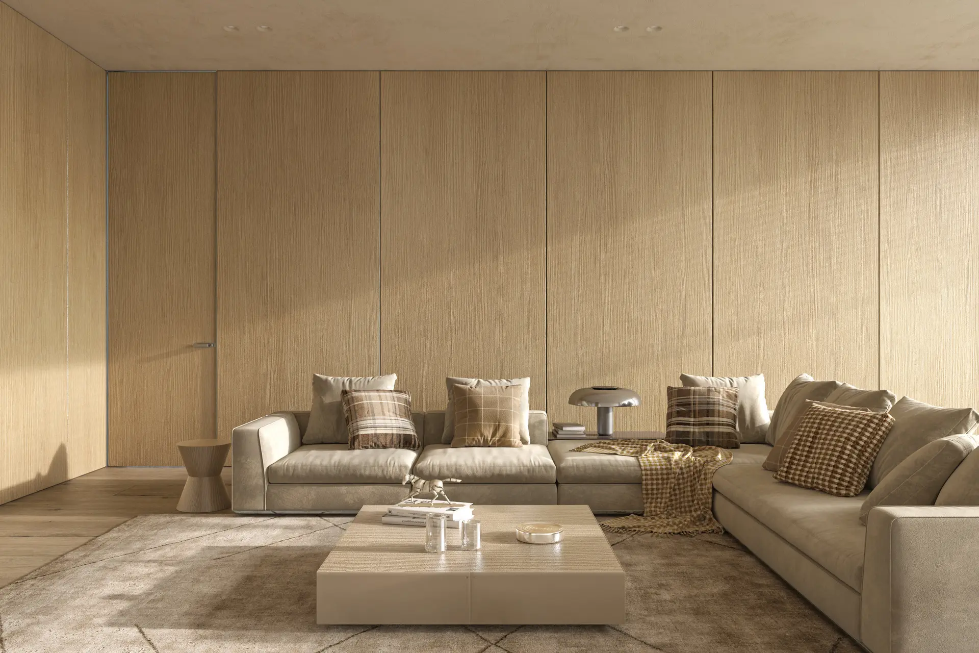 Interior Ruang Tamu Japandi Apartemen Pakuwon Surabaya