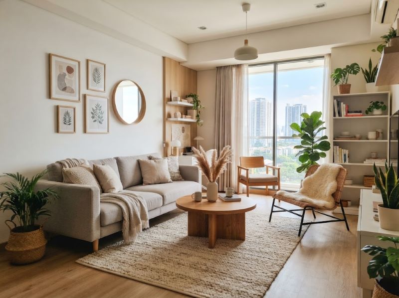 Interior Ruang Tamu Scandinavian Apartemen Trans Icon Surabaya