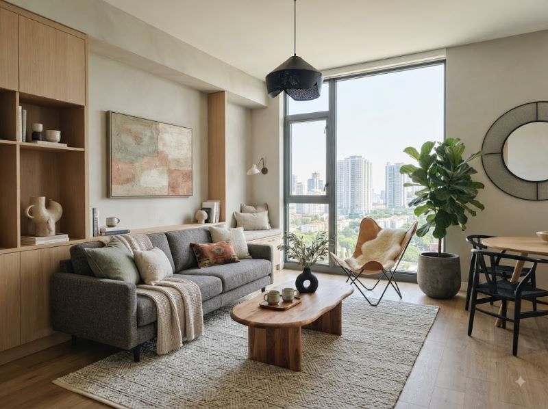Interior Ruang Tamu Scandinavian Apartemen Trans Icon Surabaya