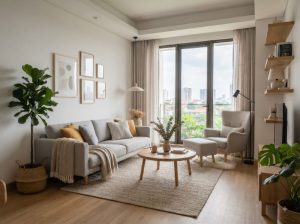 Interior Ruang Tamu Scandinavian Apartemen Trans Icon Surabaya