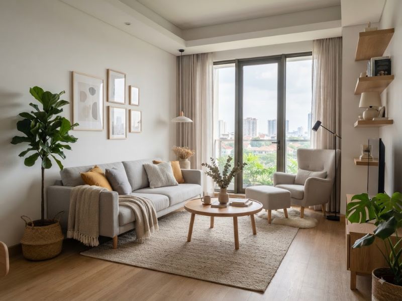 Interior Ruang Tamu Scandinavian Apartemen Trans Icon Surabaya