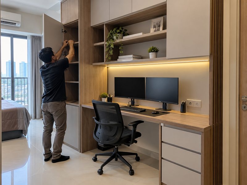 Furnitur custom untuk interior kantor apartemen Gunawangsa Surabaya dengan kabinet dan meja kerja