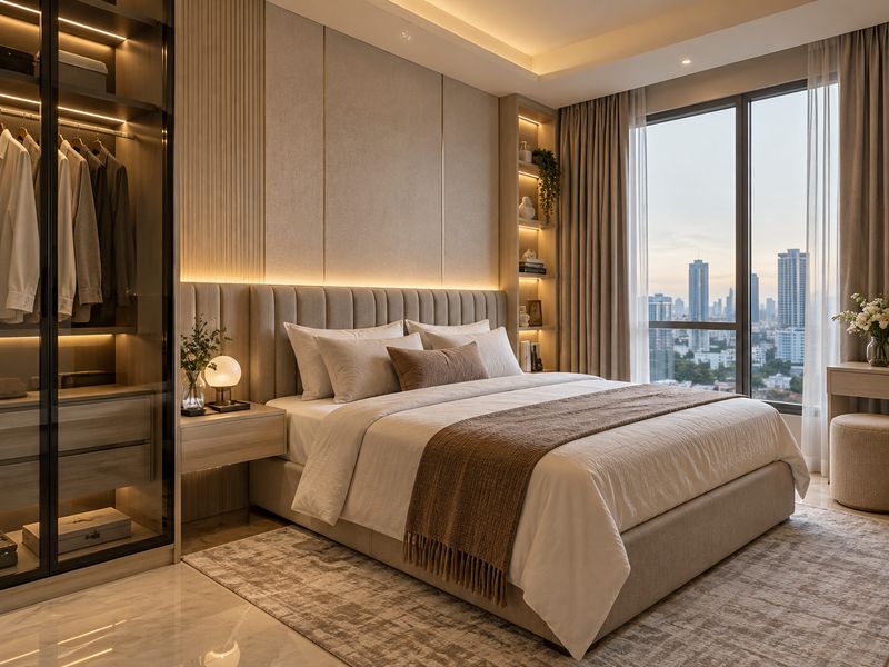 Interior Apartemen Elegan Apartemen Pakuwon Surabaya dengan pencahayaan hangat