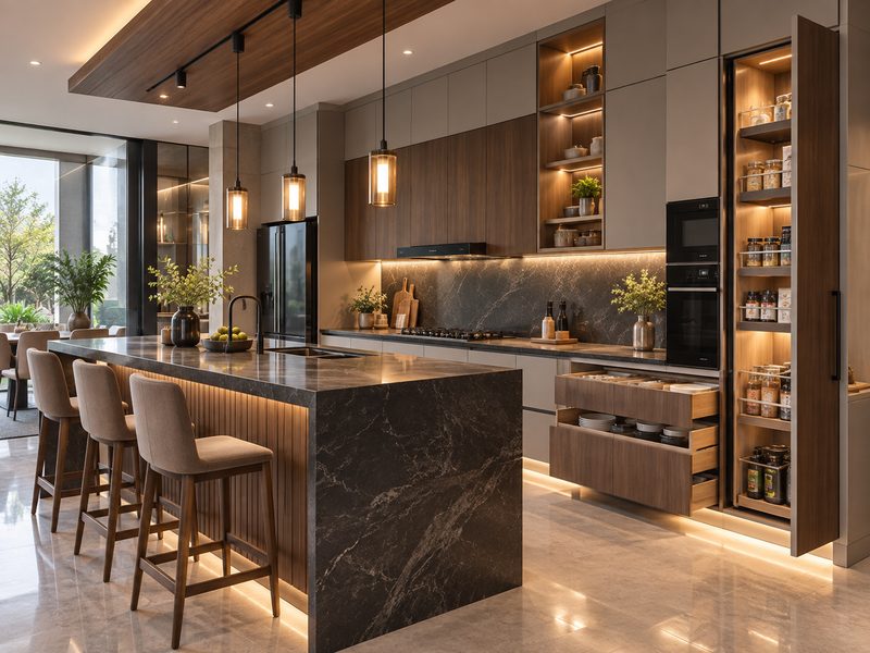 Interior Dapur Eksklusif Surabaya Utara dengan penyimpanan custom