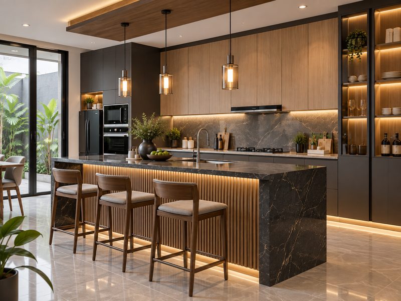 Interior Dapur Mewah Surabaya dengan top table dan kabinet rapi