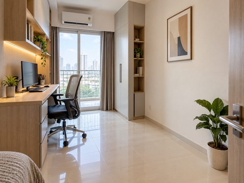 Interior kantor rapi apartemen Gunawangsa Surabaya dengan meja kerja minimalis dekat balkon