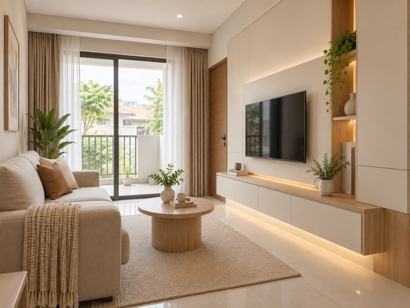 Kabinet TV custom untuk interior ruang tamu rapi di Wonokromo