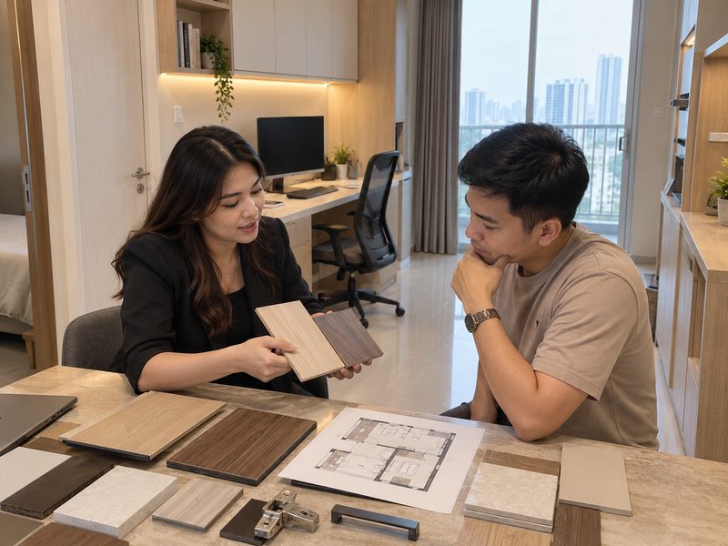 Konsultasi material custom interior kantor berkualitas apartemen Gunawangsa Surabaya