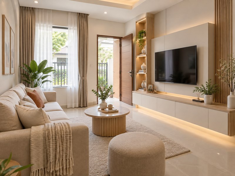 Paket Interior Ruang Tamu Rapi Wonokromo dengan kabinet TV custom minimalis