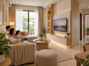 Ruang tamu keluarga rapi dan nyaman dengan interior custom di Wonokromo