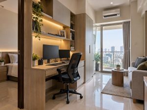 Sudut ruang kerja modern di apartemen Gunawangsa Surabaya yang rapi dan nyaman
