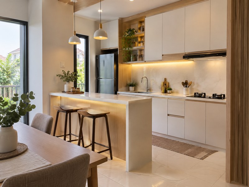 interior dapur modern Wiyung Surabaya dengan mini bar dan ruang makan