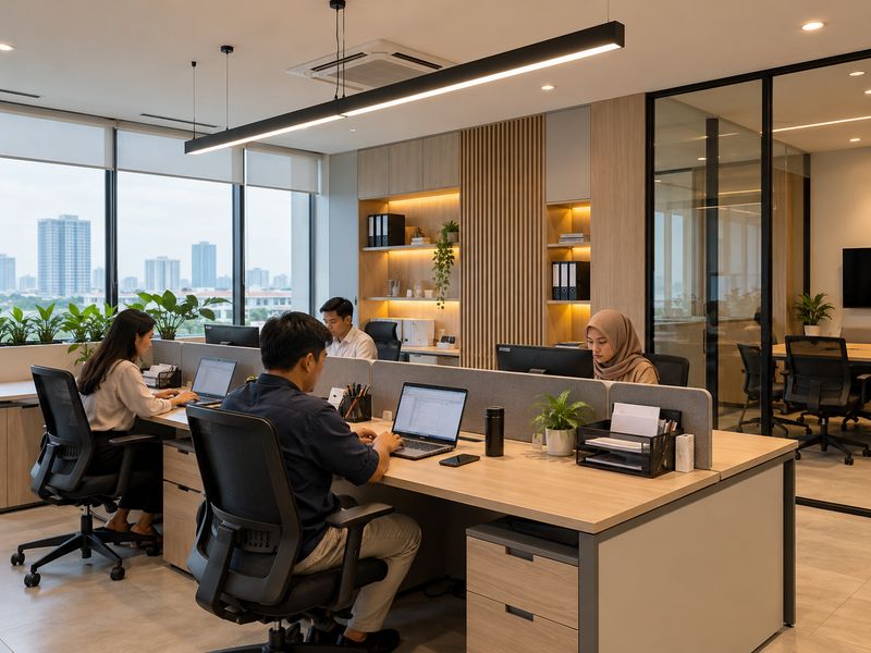 Interior Kantor Minimalis Surabaya dengan meja kerja rapi