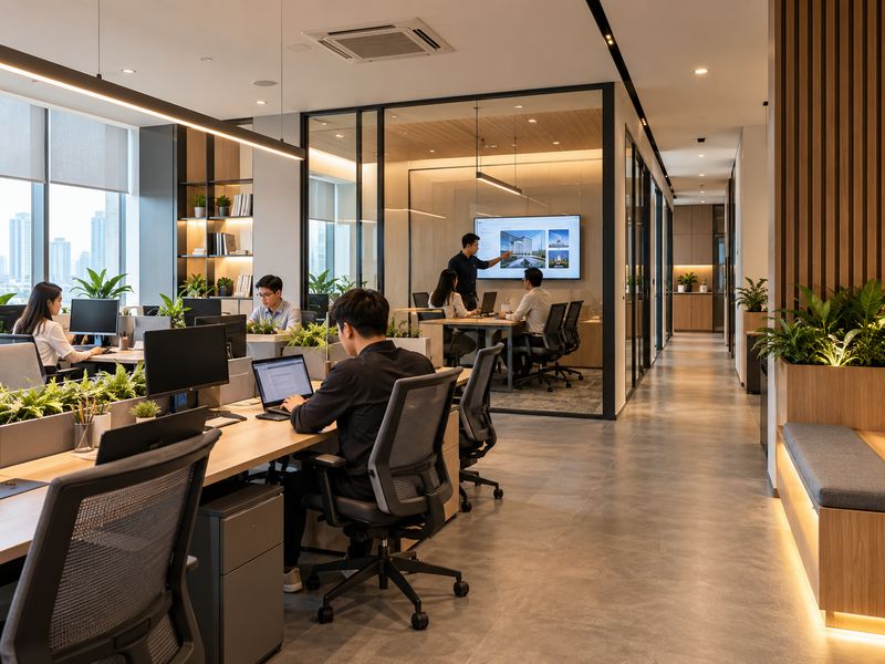 Interior kantor modern dengan ruang meeting kaca