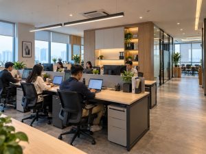 interior kantor modern surabaya dengan area kerja terbuka