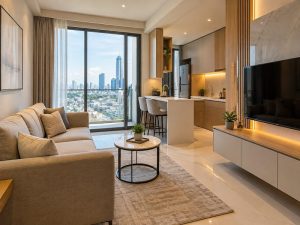 interior rumah terjangkau apartemen trans icon surabaya ruang tamu dan pant