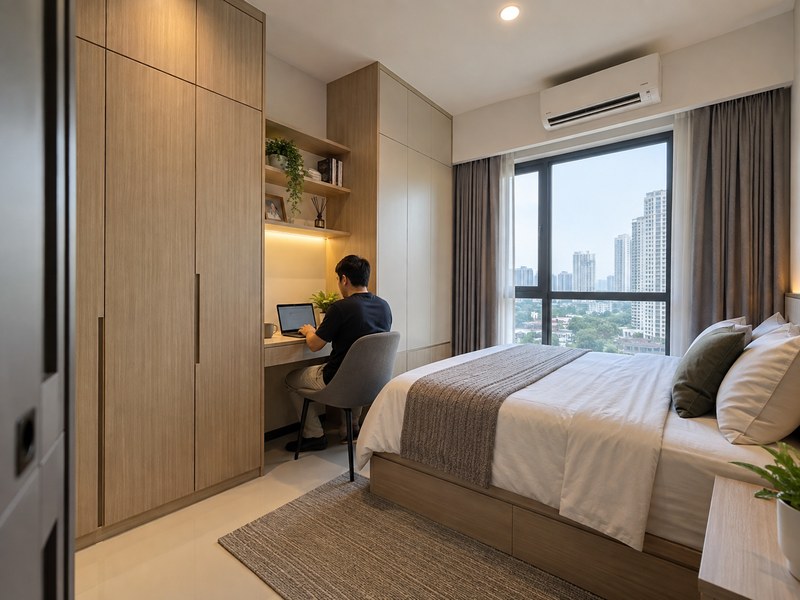 kamar apartemen Tanglin dengan meja kerja minimalis