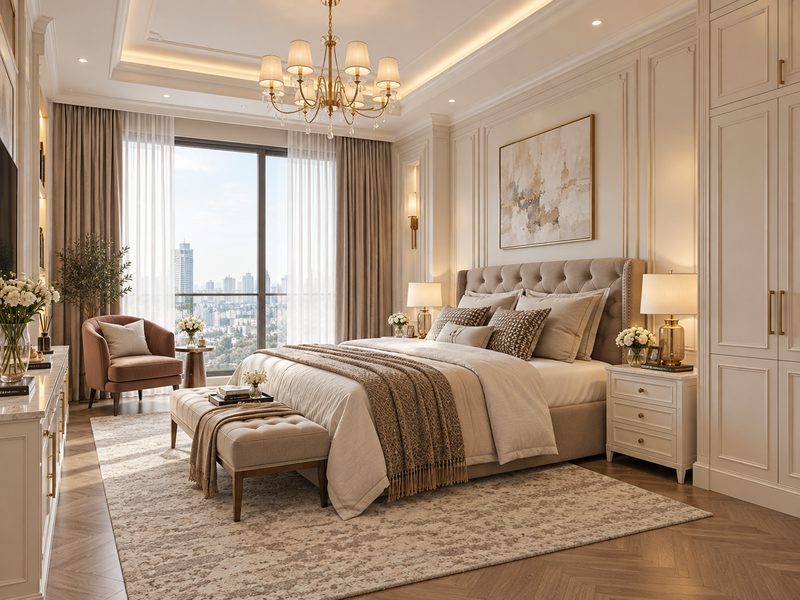 kamar tidur apartemen klasik elegan