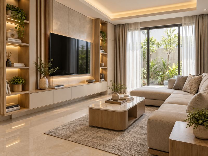 Desain ruang tamu minimalis dengan furniture custom yang rapi
