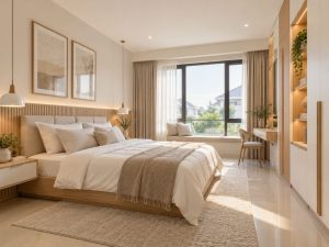 Harga Interior Kamar Scandinavian Graha Famili Surabaya dengan desain kamar rapi dan fungsional