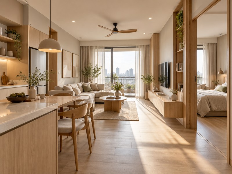 Interior Japandi apartemen Anderson Surabaya nyaman dan fungsional