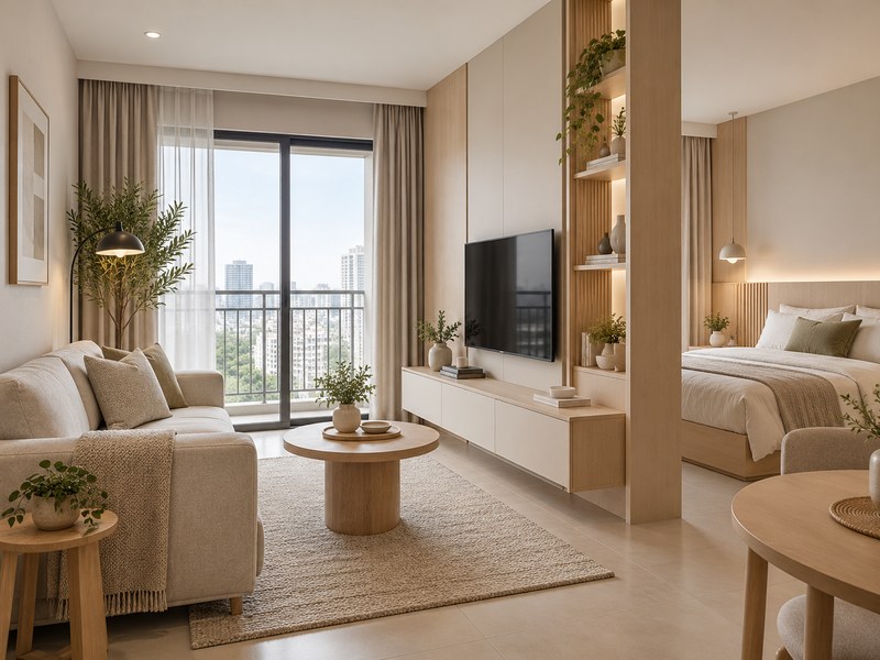 Interior apartemen Japandi netral untuk unit sewa di Surabaya