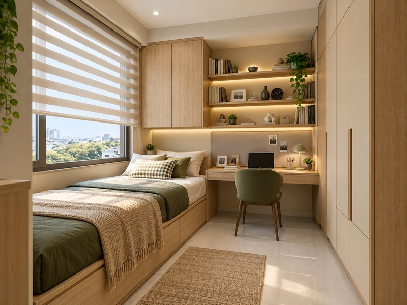Kamar modern dengan lemari dan meja kerja custom