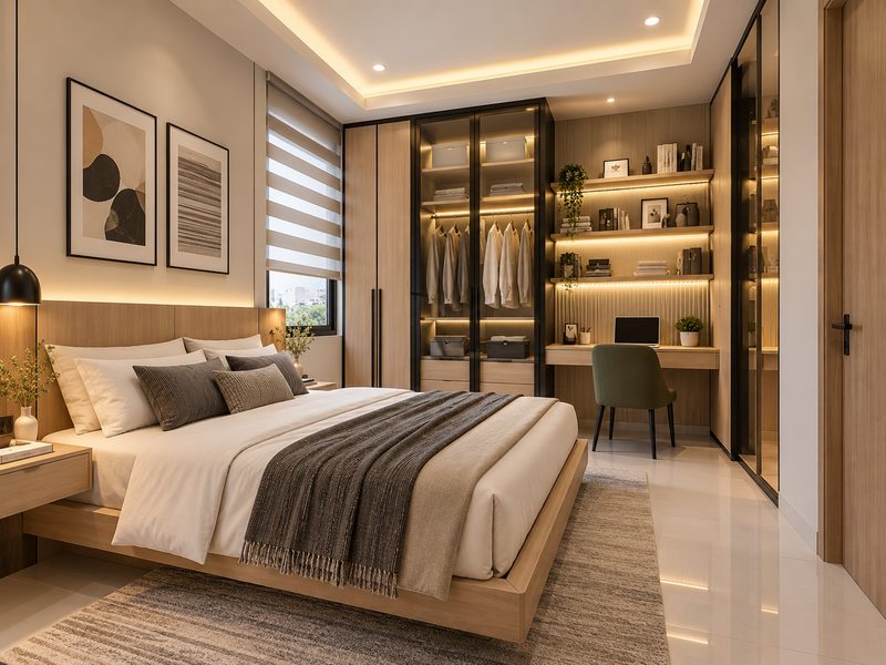 Kamar modern dengan penyimpanan dan area kerja