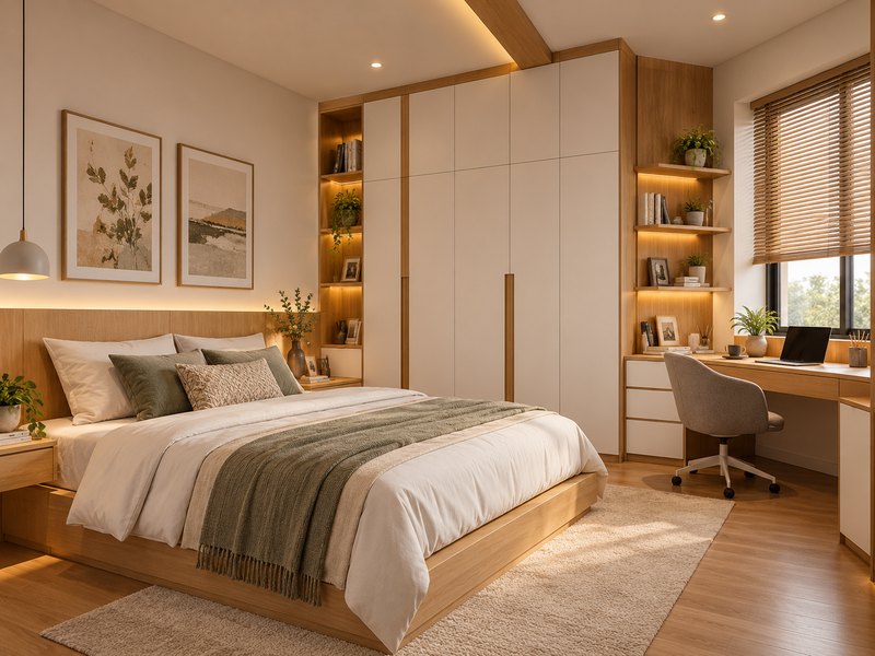 Kamar modern personal dengan meja kerja nyaman