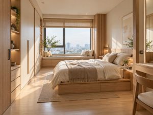 Kamar tidur Japandi apartemen Anderson Surabaya dengan storage rapi