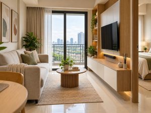 Custom Interior Ruang Tamu Apartemen Puncak Berpengalaman dengan desain rapi dan fungsional