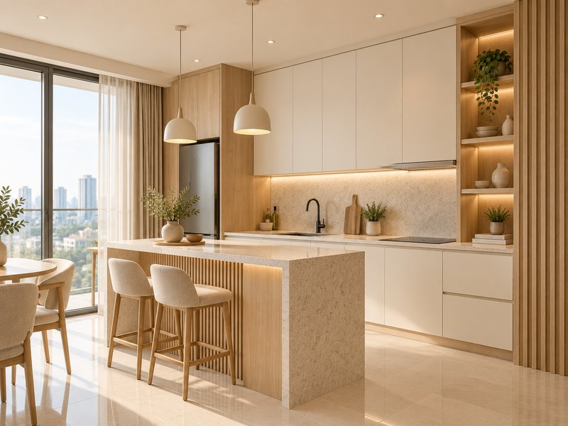 desain kitchen set Scandinavian untuk apartemen Benson di Surabaya