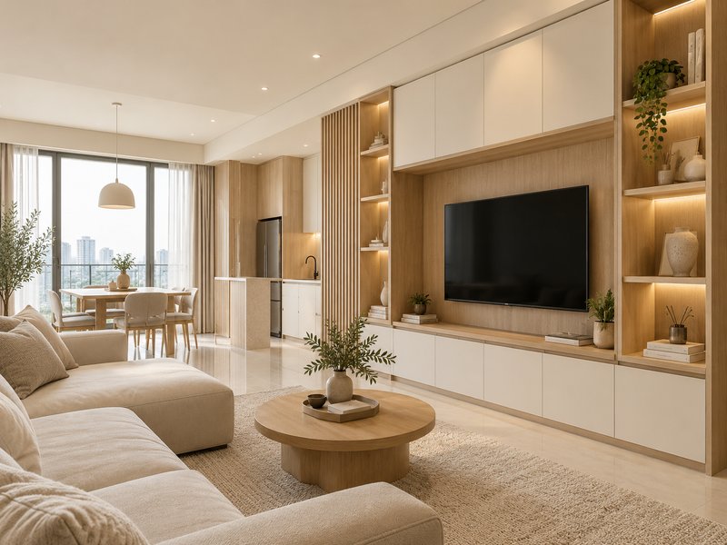 interior Scandinavian Apartemen Benson Surabaya dengan kabinet penyimpanan custom
