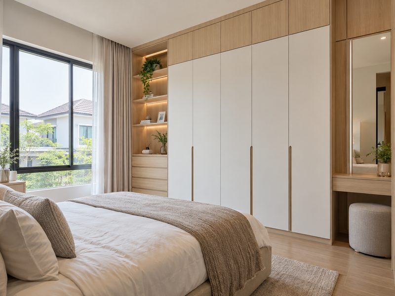 interior kamar Scandinavian Graha Famili Surabaya dengan wardrobe custom
