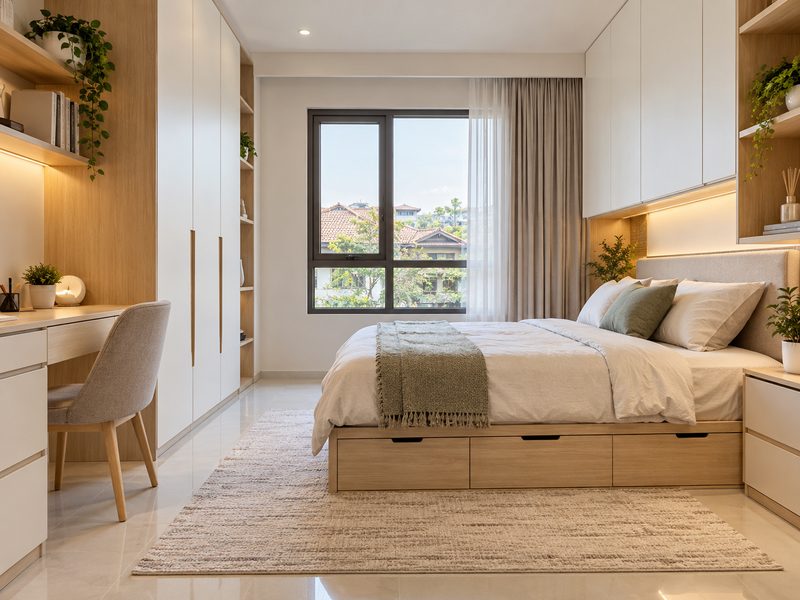 interior kamar rumah Surabaya dengan penyimpanan fungsional