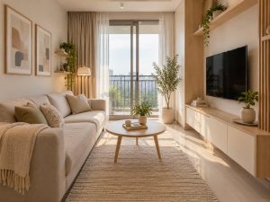 interior ruang tamu Scandinavian Apartemen Puncak