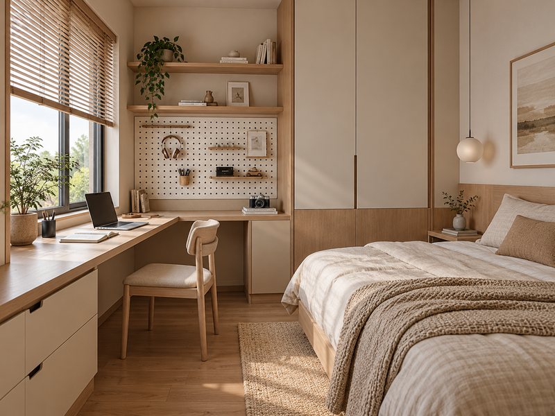 kamar japandi dengan meja kerja minimalis