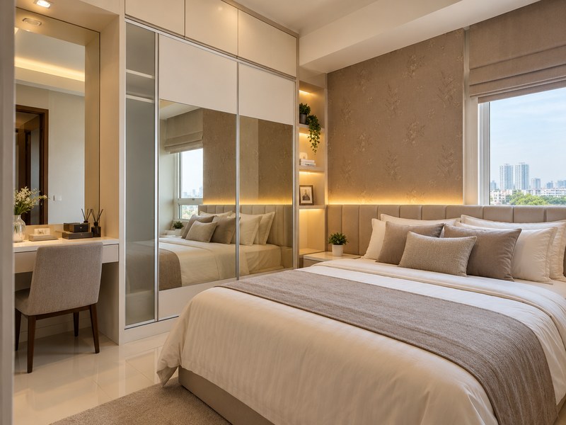 kamar premium apartemen educity surabaya dengan lemari built in dan meja rias