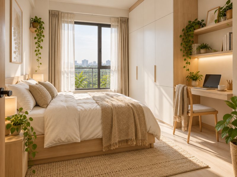 kamar tidur apartemen Scandinavian Wonokromo