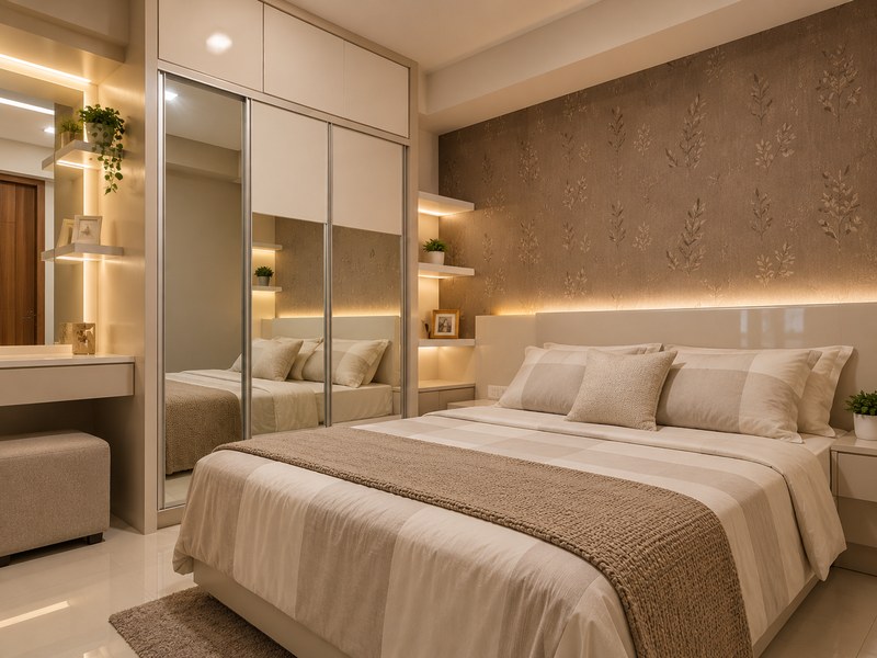 kamar tidur premium apartemen educity surabaya dengan pencahayaan hangat dan city view