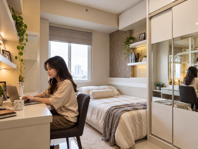 penghuni bekerja di kamar apartemen educity surabaya dengan area kerja yang rapi
