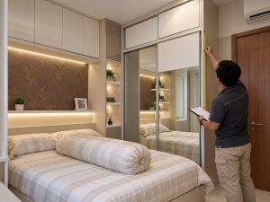 proses ukur lemari custom kamar apartemen educity surabaya oleh tim interior