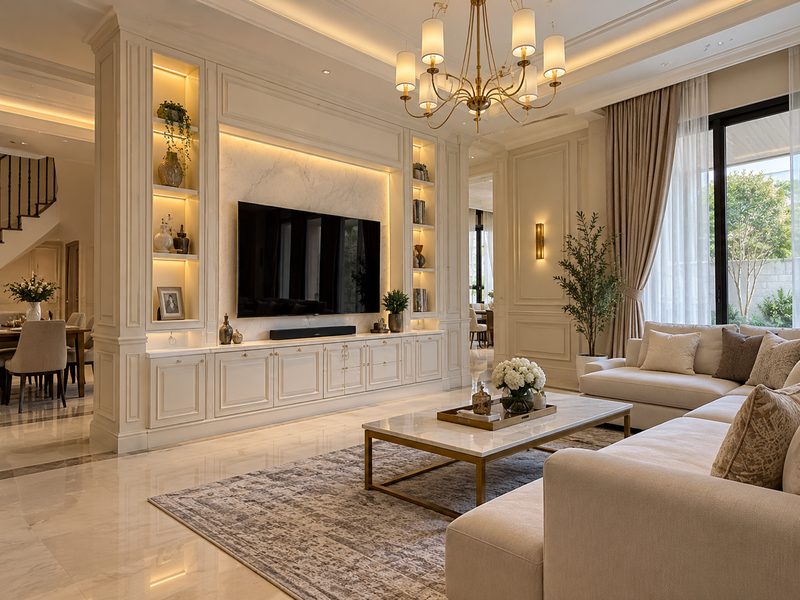 ruang keluarga klasik modern Graha Famili Surabaya