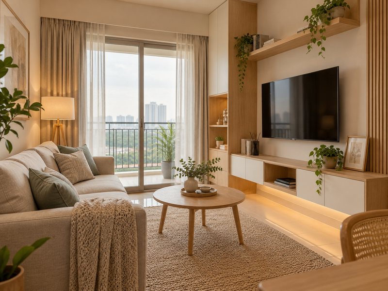 ruang tamu Scandinavian hangat Apartemen Puncak