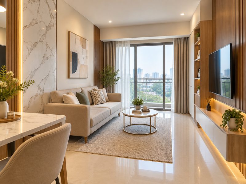 ruang tamu minimalis Apartemen Benson Surabaya